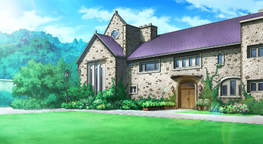 The new mansion introduced in this episode, with the rough stone walls and the built-in chapel.