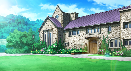 A pretty backdrop showing a rustic building with a purple slate roof and rough stone walls.