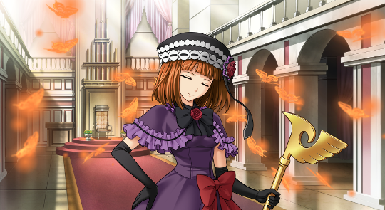 Young!Eva in a new outfit: a purple dress, a golden staff with the Ushiromiya symbol, a red rose on a bow around her neck, a red bow, a black cap with whit edecorations and a rosette on it, long black gloves.