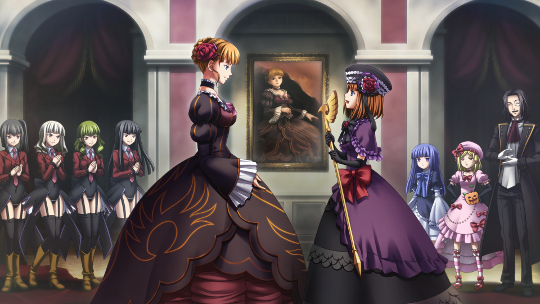 A coronation ceremony. On the left are four of the Seven Sisters of Purgatory. On the right stand Lambdadelta, Bernkastel and Ronove. In the centre of the frame, on either side of the portrait of Beatrice, are the outgoing Beatrice standing face to face with Eva Beatrice.