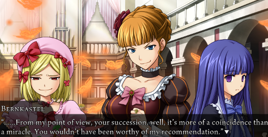 Bernkastel: “……From my point of view, your succession, well, it’s more of a coincidence than a miracle. You wouldn’t have been worthy of my recommendation.”