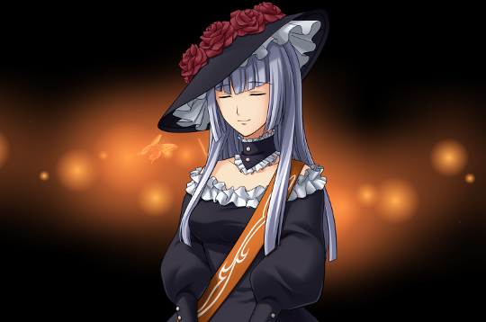 Beatrice, but not as we know her! A serene-looking woman with long grey hair, wearing a black dress and bonnet with white lace around the collar and brim. There is something that is either a sash or the strap of a bag over her shoulder, decorated with a curling motif.