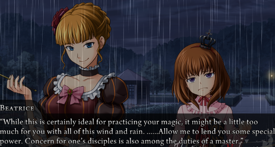 Beatrice to Maria: “While this is certainly ideal for practicing your magic, it might be a little too much for you with all this wind and rain. ……Allow me to lend you some special power. Concern for one’s disciples is also among the duties of a master.”