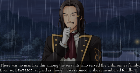 A new character, Ronove, is introduced. He is wearing a smart suit with the Ushiromiya emblem and gold trim, a winged collar and a maroon cravat. Narration: ‘There was no man like this among the servants who served the Ushiromiya family. Even so, BEATRICE laughed as though it was someone she remembered fondly.”