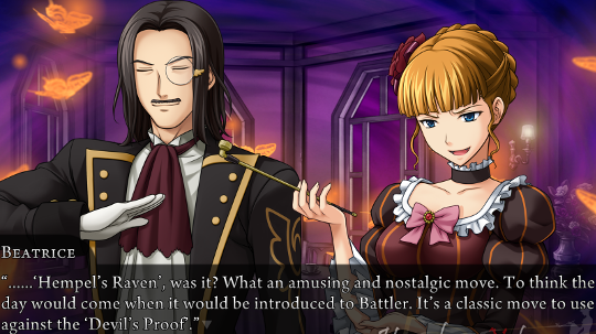 Beatrice: “……‘Hempel’s Raven’, was it? What an amusing and nostalgic move. To think the day would come when it would be introduced to Battler. It’s a classic move to use against the ‘Devil’s Proof‘.