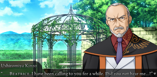 Kinzo, outsdoors with a gazebo behind him, on a sunny day: “……BEATRICE. I have been calling for you for a while. Did you not ohear me…?”