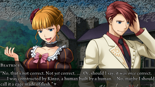 Beatrice, in the meta world: “No, that’s not correct. Not yet correct. ……Or, should I say, it was once correct. ……I was constructed by Kinzo, a human built by a human. …No, maybe I should call it a cage made of flesh.