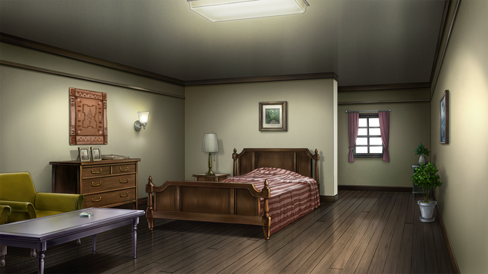 A painting of a simple bedroom, like a hotel room. The bed where Eva would be is made up.