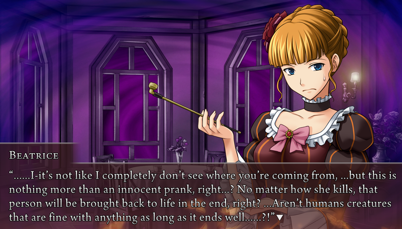 Beato, in Purgatorio: ......I-it's not like I completely don't see where you're coming from, ...but this is nothing more than an innocent prank, right...? No matter how she kills, that person will be brought back to life in the end, right? ...Aren't humans creatures that are fine with anything as long as it ends well......?!