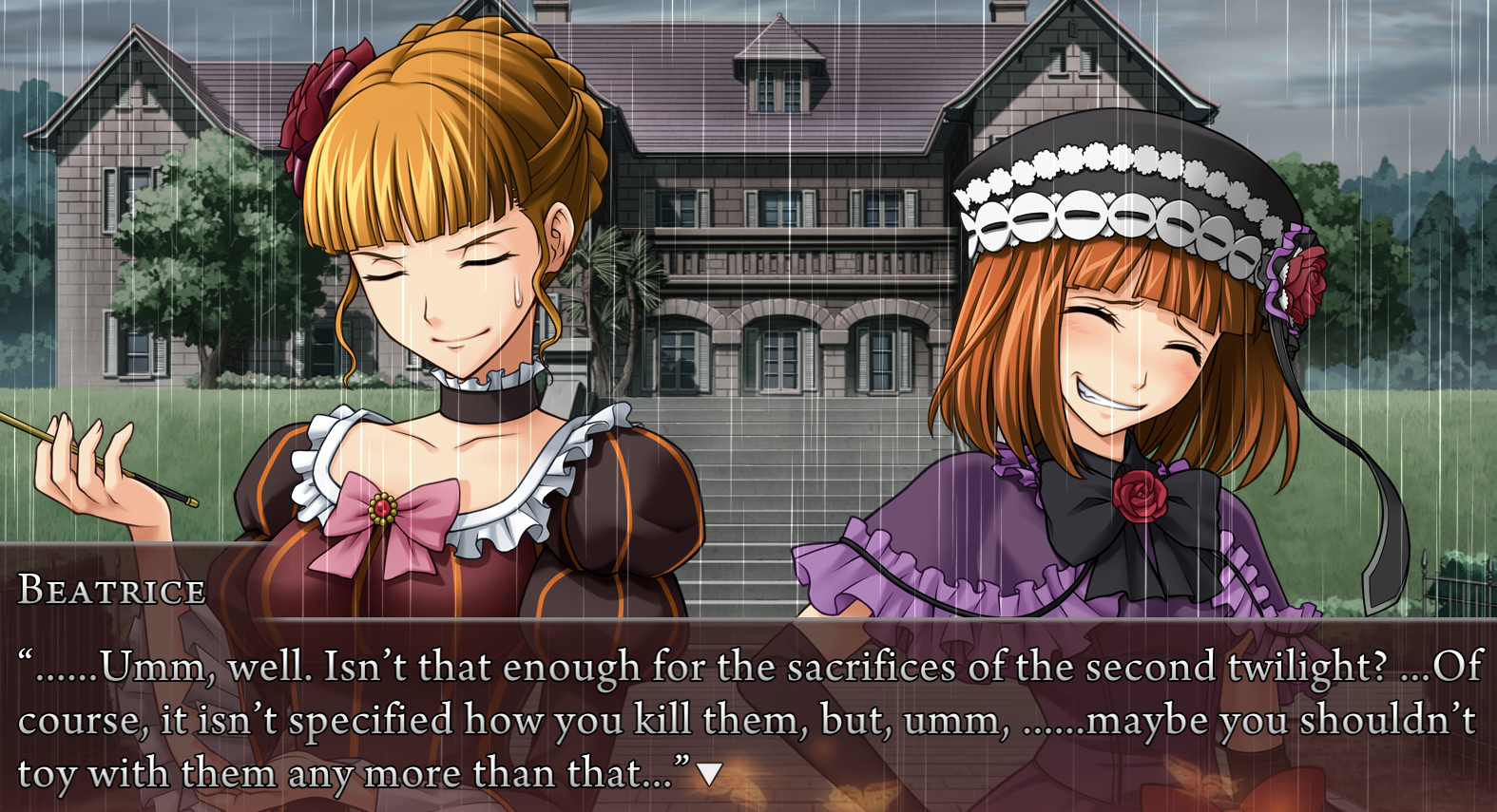 Beato, to Eva Beatrice: ......Umm, well. Isn't that enough for the sacrifices of the second twilight? ...Of course, it isn't specified how you kill them, but, umm, ......maybe you shouldn't toy with them any more than that...
