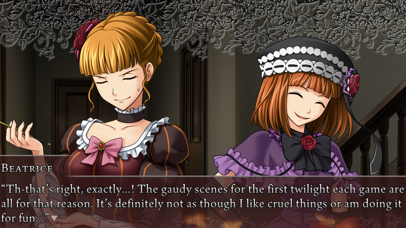 Beato: That-that's right, exactly...! The gaudy scenes for the first twilight each game are all for that reason. It's definitely not as though I like cruel things or am doing it for fun...