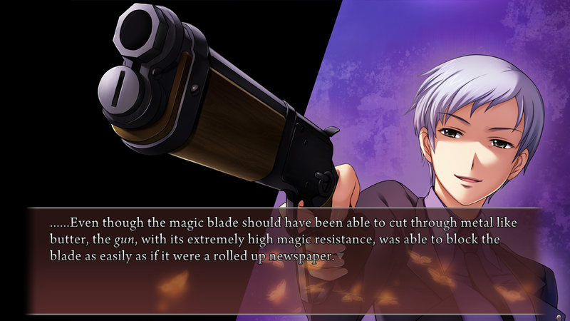 Kyrie posing with her gun dramatically levelled at the camera. Narration: ......Even though the magic blade should have been able to cut through metal like butter, the gun, with its extremely high magic resistance, was able to block the blade as easily as if it were a rolled up newspaper.