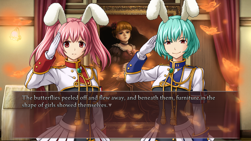 Two new characters: girls with pink and blue-green hair, both wearing smart white and grey uniforms with gold piping and military collars. Both are saluting. Narration: The butterflies peeled off and flew away, and beneath them, furniture in the shape of girls showed themselves.