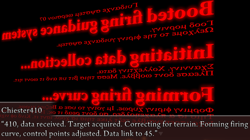 Large red text, flipped to read from right to left, saying 'Booting firing guidance system, Initiating data collection..., Forming firing curve...' along with smaller text in Greek. Chiester410 says: 410, data received. Target acquired. Correcting for terrain. Forming firing curve, control points adjusted. Data link to 45.
