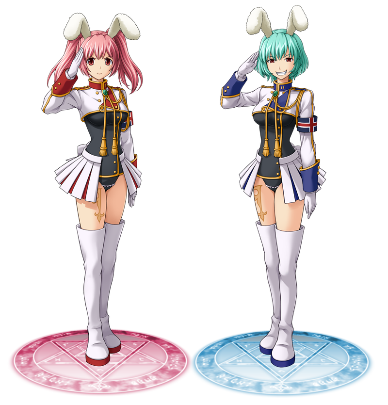 Fullbody character art of Chiester45 and Chiester410. Above the waist, they are wearing smart parade-style uniforms with red or blue details (respectively) and gold piping. Below the waist, they each have a pleated skirt that's open at the front, showing their black underwear with a line of white lace across it, and bare thighs with the emblem of the One Winged Eagle tattooed on them.