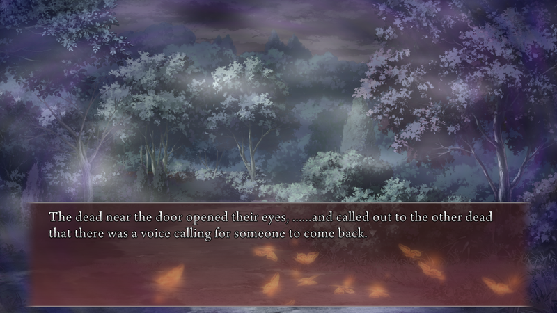 A view of a misty path. Narration: The dead near the door opened their eyes, ......and called out to the other dead that there was a voice calling for someone to come back.