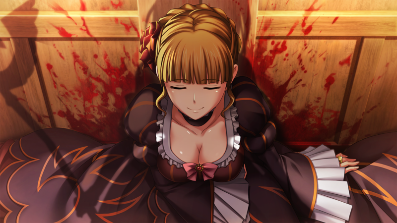Beatrice smiling beatifically, still slumped against the blood-splattered door.