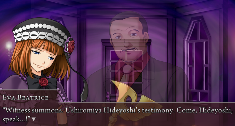 Eva Beatrice, next to a ghostly Hideyoshi: Witness summons. Ushiromiya Hideyoshi's testimony. Come, Hideyoshi, speak...!