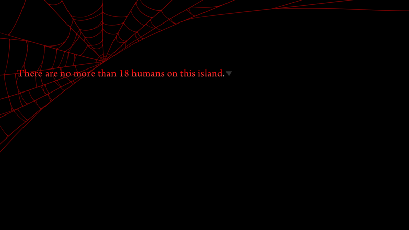 Red spiderweb with the text 'There are no more than 18 humans on this island' also in red.