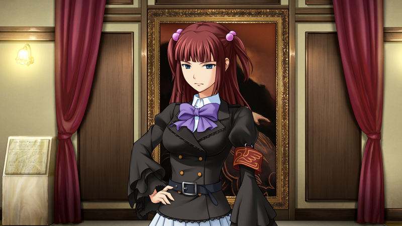 The same girl now standing up straight. Her coat has puffy sleeves and long flared embroidered cuffs, and there is a tight belt around her narrow waist. She has a purple bow at her neck, and looks at the camera with a stern expression. Around one arm is a red band with the One Winged Eagle.