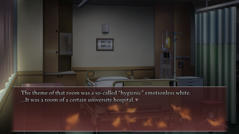 Background depicting a hospital bed in a curtained room with an IV drip next to it. The room has brown panelling and green curtains despite the narration saying: The theme of that room was a so-called 'hygienic' emotionless white. ...It was a room of a certain university hospital.