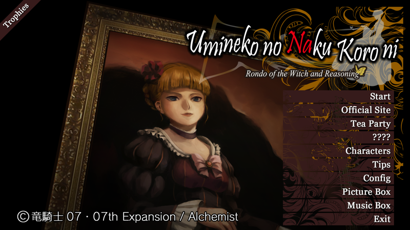 A screenshot of the main menu of the game, with the title Umineko no Naku Koru Ni: Rondo of the Witch and Reasoning, various menu items, and the portrait of Beatrice behind.