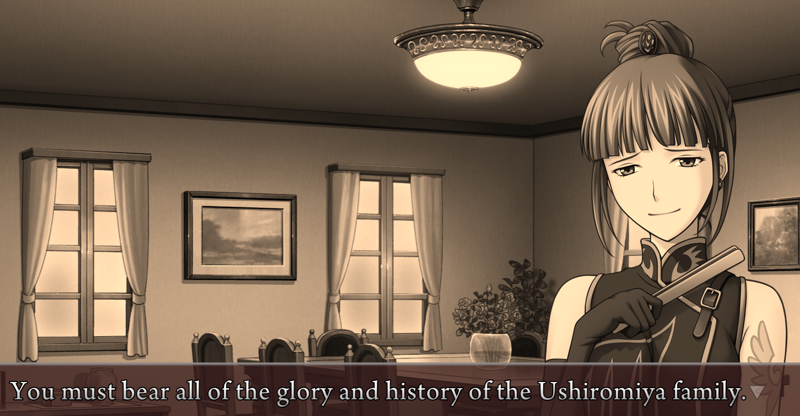 Eva, in a sepia-toned room: You must bear all the glory and history of the Ushiromiya family.