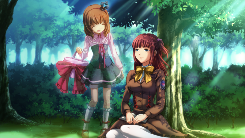 A CG of a translucent Maria standing beside Ange who is sitting in a tree, with sunbeams bearing down.