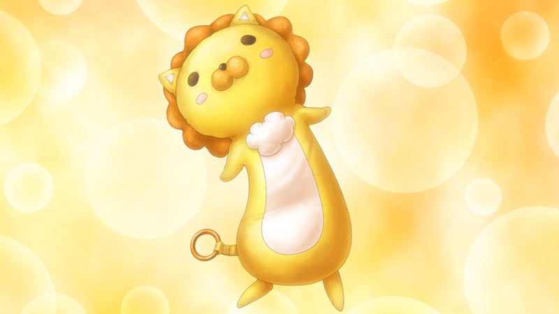 A long bean-shaped plush lion in yellow, with a white chest and a round head with a small bear-like snout on the front and cheek blush.