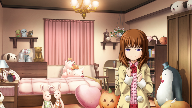 Maria against a background of a bedroom decorated in pink, and full of plush toys.