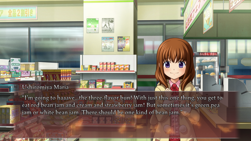 Maria, in a convenience store: I'm going to haaave...the three-flavor bun! With just this one thing, you get to eat red bean jam and cream and strawberry jam! But sometimes it's green pea jam or white bean jam. THere should be one kind of bean jam.