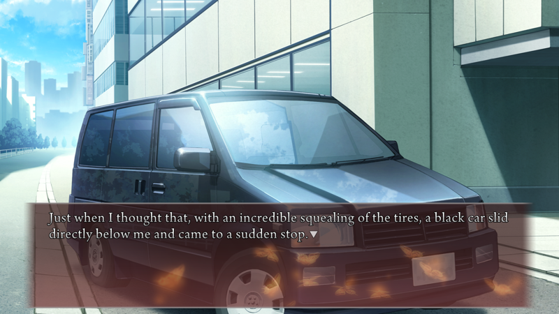 A shiny black car parks outside a building. Narration: Just when I thought that, with an incredible squealing of the tires, a black car slid directly below me and came to a sudden stop.