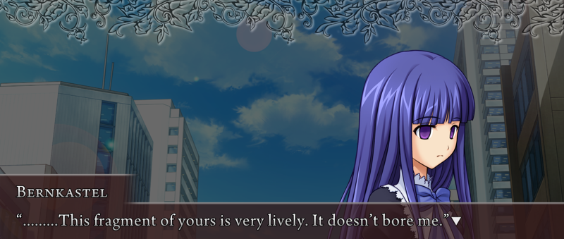 Bernkastel, with a witch overlay over a cityscape behind her: .........This fragment of yours is very lively. It doesn't bore me.