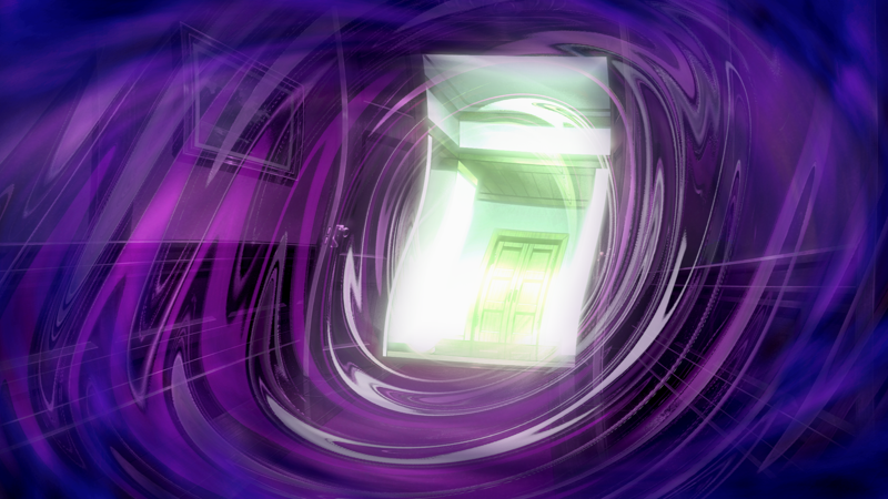 A corridor in what appears to be the Rokkenjima mountain, with a spiralling distortion effect over it. The corridor has a purple overlay, while the room beyond the distorted doorway is brightly lit, appearing almost greenish.
