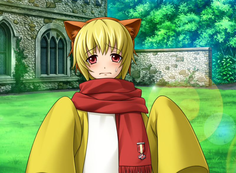 Sakutarou's new talksprite: an anime boy with blonde hair wearing an oversized jumper and a cat ear headband.