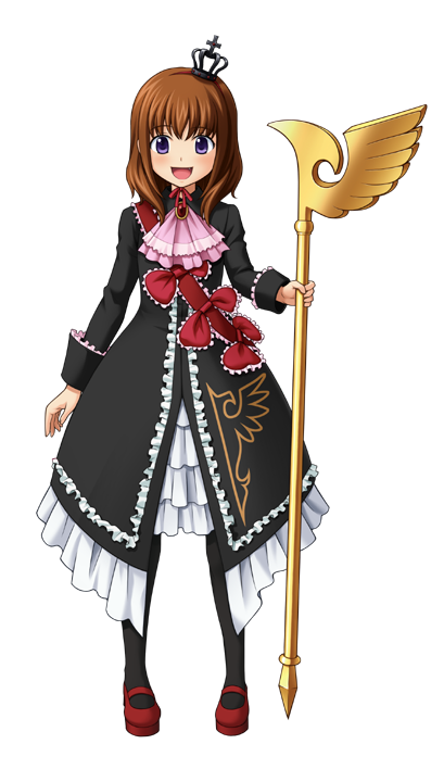 Maria's new outfit, a black dress with white lace trim and a red sash with bows on it. She's holding a one winged eagle staff. Around her neck is a pink jabot (triangle of lace).