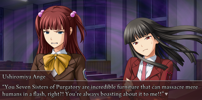 Ange, crying, to Lucifer: You Seven Sisters of Purgatory are incredible furniture that can massacure mere humans in a flash, right?! You're always boasting about it to me!!