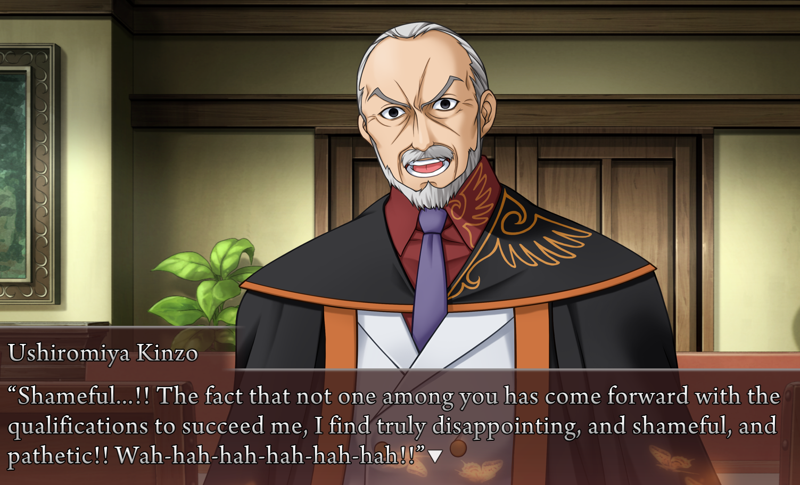 Kinzo with expanded pupils saying: Shameful...!! The fact that not one among you has come forward with the qualifications to succeed me, I find truly disappointing, and shameful, and pathetic!! Wah-hah-hah-hah-hah-hah!!