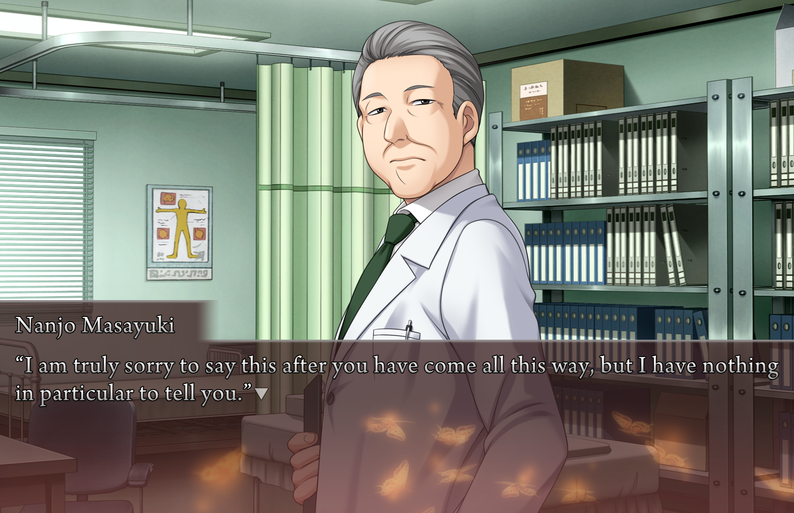 Nanjo Masayuki, thinner than his father, in a drab medical room. He is saying 'I am truly sorry to say this after you have come all this way, but I have nothing in particular to tellyou.
