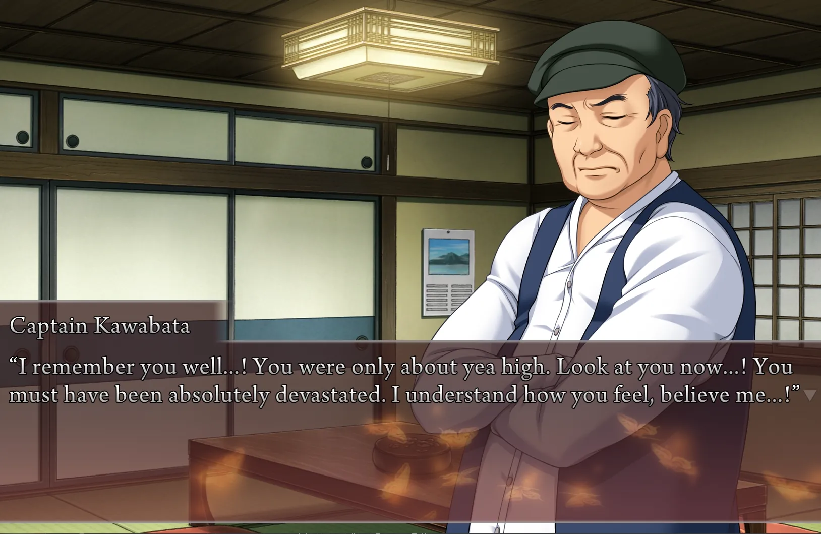 Captain Kawabata, a middle-aged man in a cap, saying 'I remember you well...! You were only about yea high. Look at you now...! You must have been absolutely devastated. I understand how you feel, believe me...!'