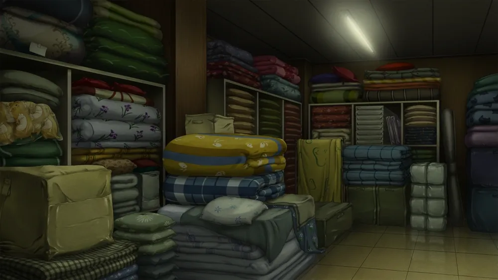 The background of the futon shop, with lots of different patterns and colours of futon stacked on shelves.