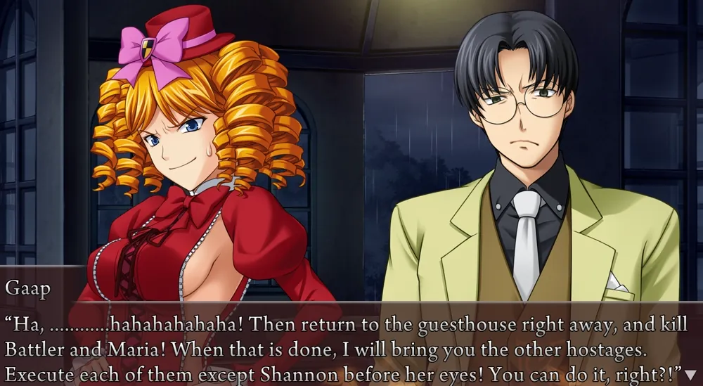 George glaring at the camera as Gaap says 'Ha, ............hahahahahaha! Then return to the guesthouse right away, and kill Battler and Maria! When that is done, I will bring you the other hostages. Execute each of them except Shannon before her eyes! You can do it, right?'