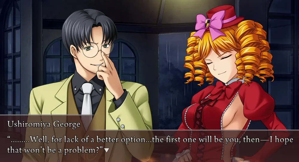 George grinning and looking at the camera, saying '.........Well, for lack of a better option... the first one will be you, then—I hope that won't be a problem?'