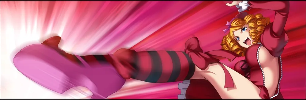 Gaap launching a kick against a red background. The camera is positioned underneath her, really emphasising all the sideboob in her outfit.