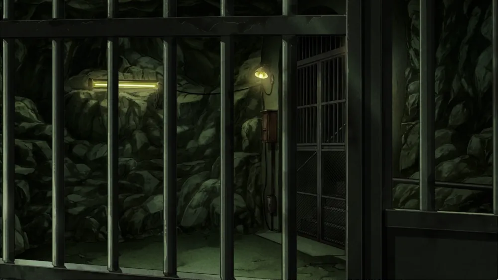 A background painting of a rough rock wall with two sets of bars and some electric lights.