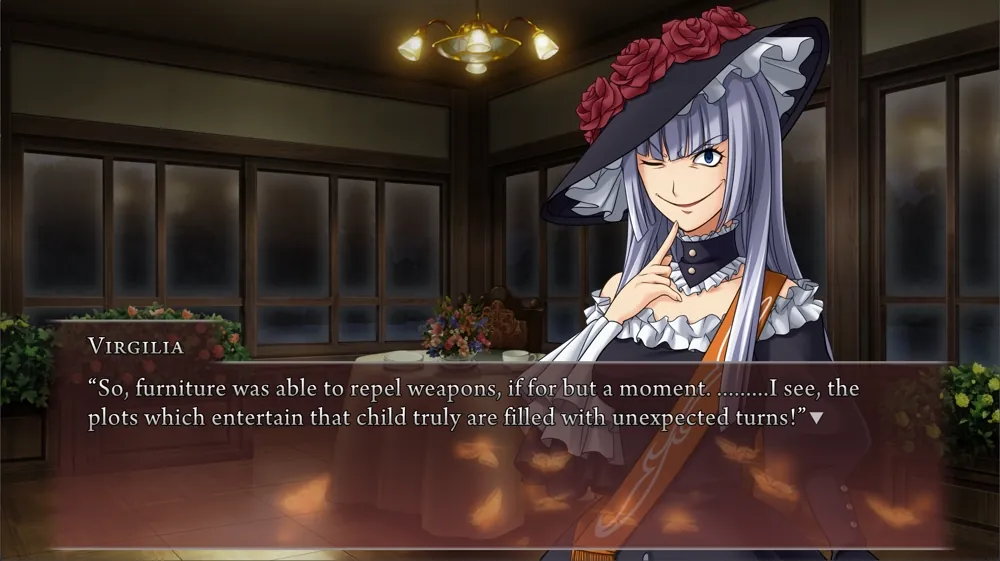 Virgilia makes a weird face while saying 'So, furniture was able to repel weapons, if for but a moment. .........I see, the plots which entertain that child truly are filled with unexpected turns!'