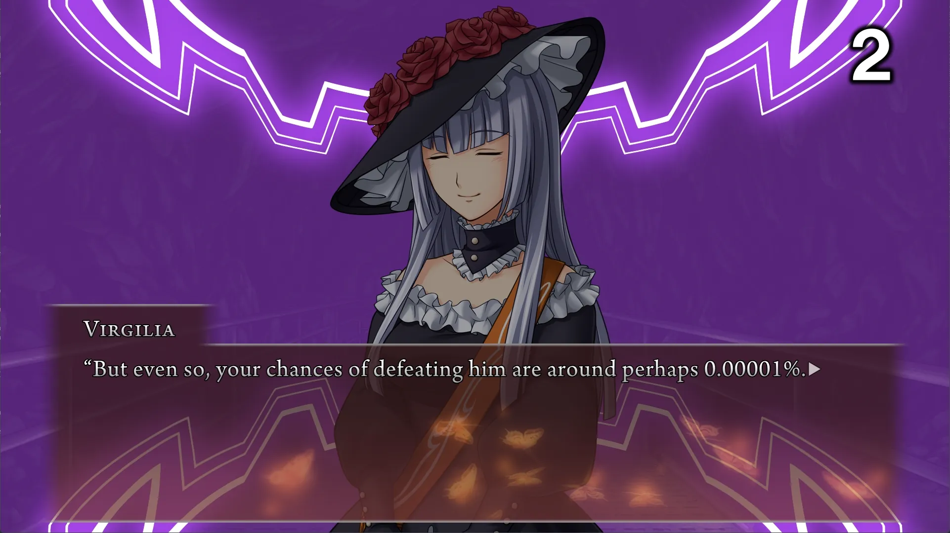 Virgilia: 'But even so, your chances of defeating him are around perhaps 0.00001%.' There is a large number 2 in the top right of the screen.