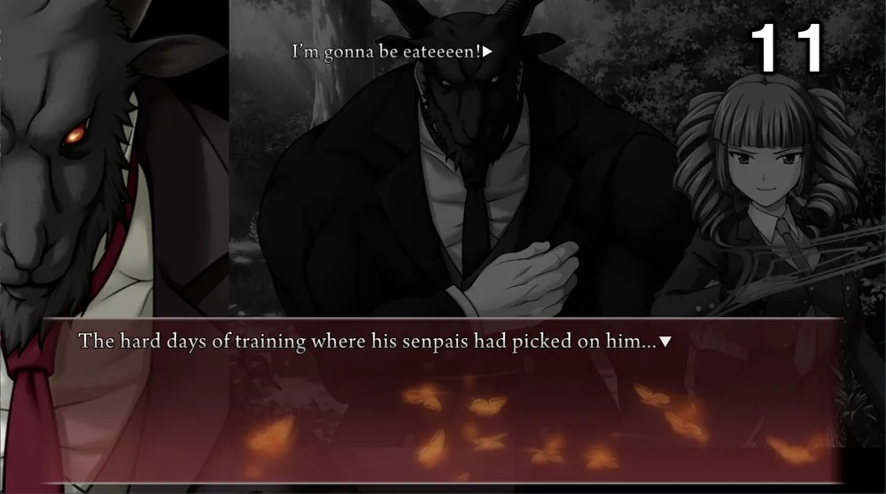 Goat recalling being picked on by one of the Stakes of Solomon. In the picture-in-picture, it's saying 'I'm gonna be eateeeen!' In the main text box, it says 'The hard days of training where his senpais had picked on him.'