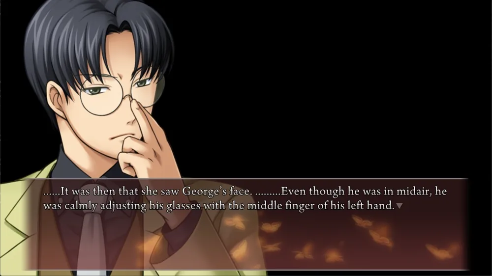 Closeup on George. Narration: .........Even though he was in midair, he was calmly adjusting his glasses with the middle finger of his left hand.