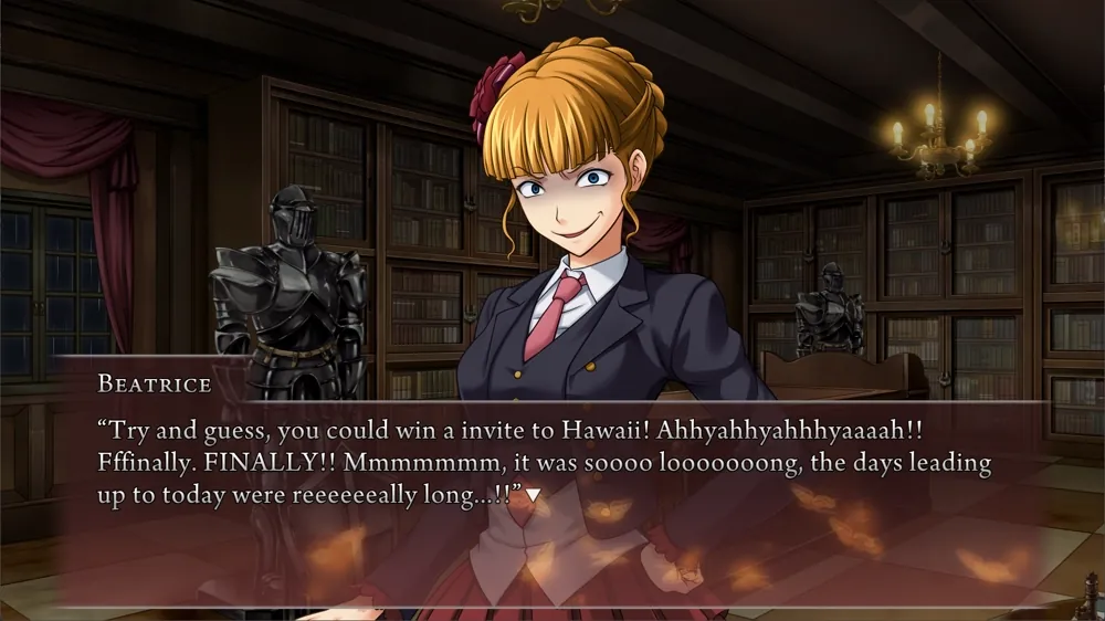 Beatrice, in Kinzo's office: 'Try and guess, you could win a invite to Hawaii! Ahhyahhyahhhyaaaah!! Fffinally. FINALLY!! Mmmmmmm, it was soooo looooooong, the days leading up to today were reee{-}e{-}eeally long...!!'